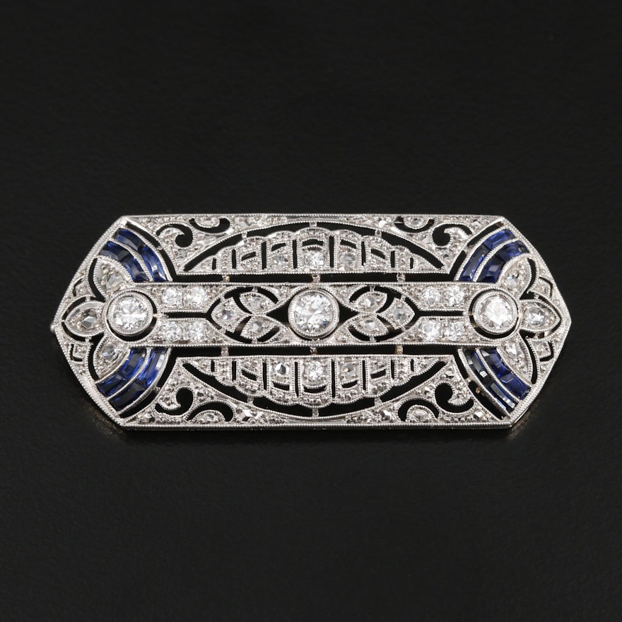 Edwardian 18K Gold Diamond And Sapphire Brooch