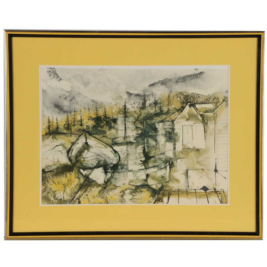 Expressionistic Lithograph of Lakeside Cabin with Boat