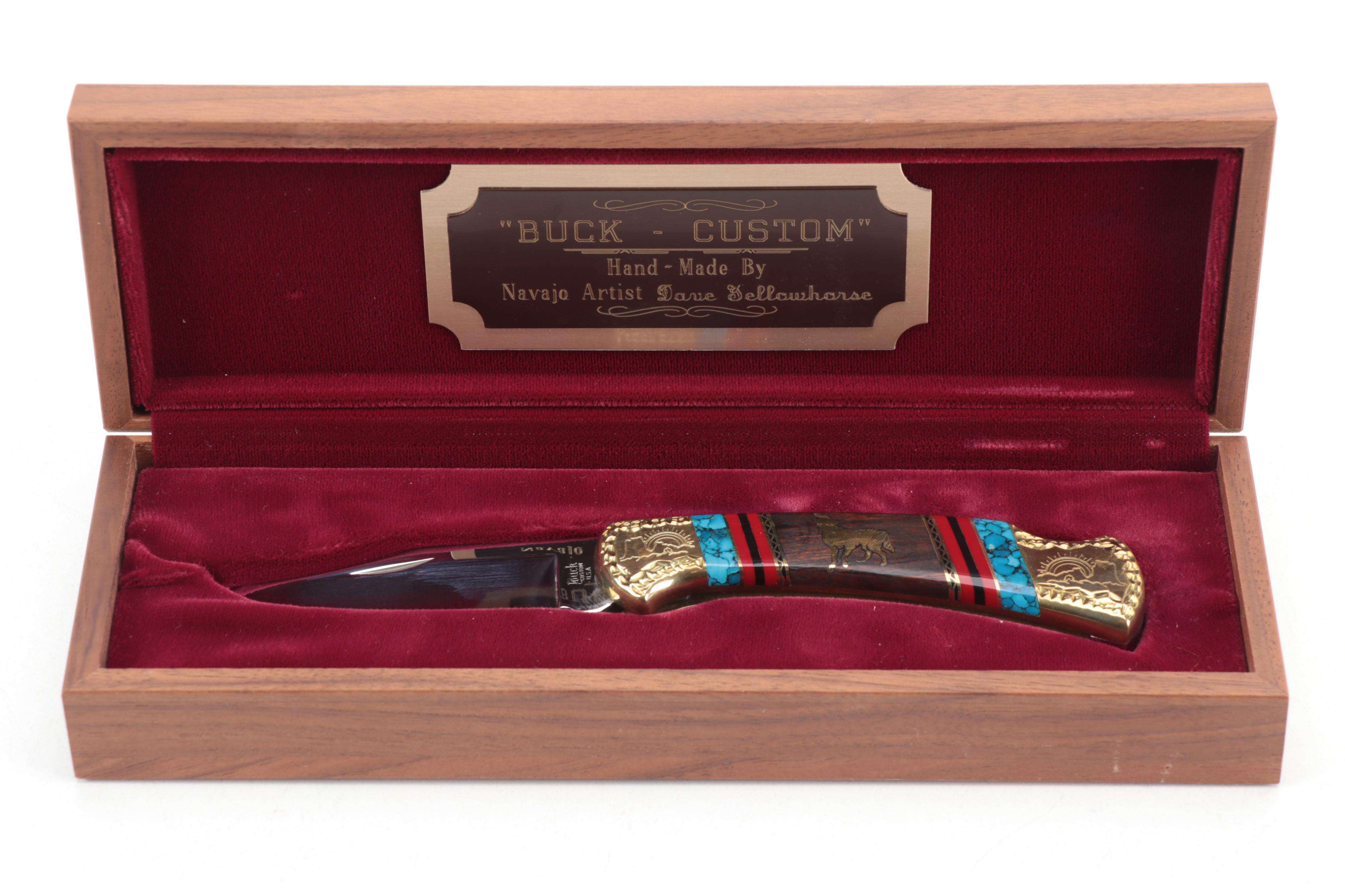 Buck Custom Handmade Turquoise Knife by Navajo Artist Dave Yellowhorse with Case