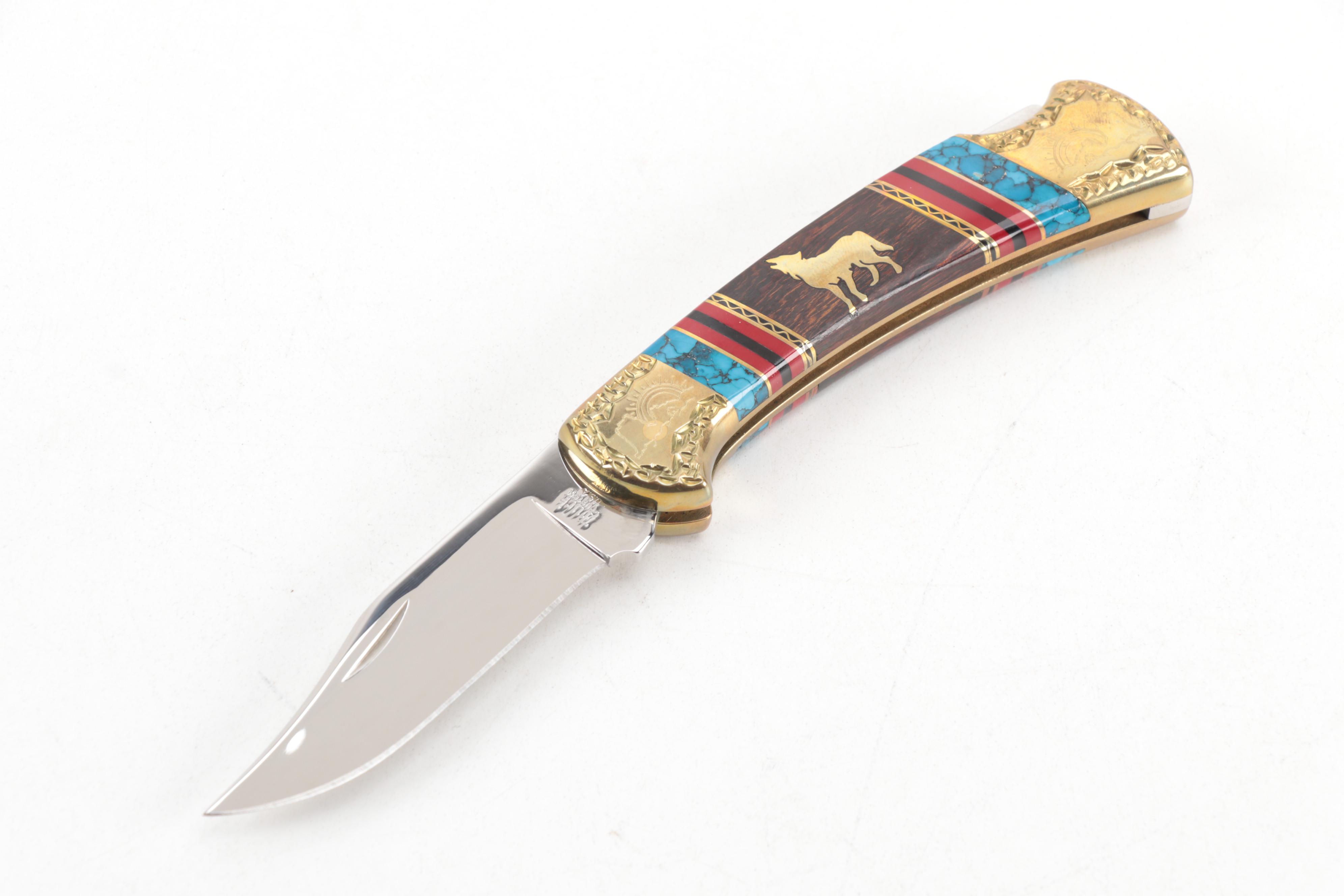 Buck Custom Handmade Turquoise Knife by Navajo Artist Dave Yellowhorse with Case