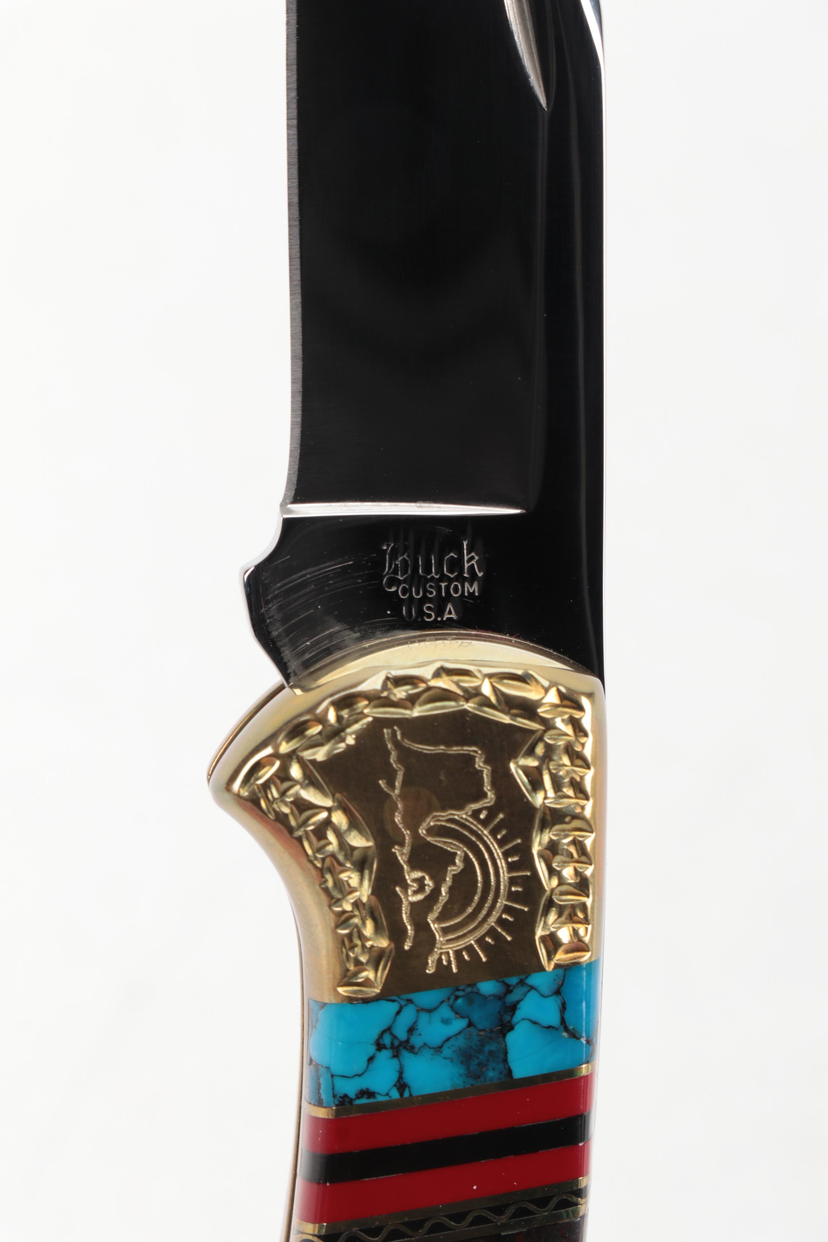 Buck Custom Handmade Turquoise Knife by Navajo Artist Dave Yellowhorse with Case