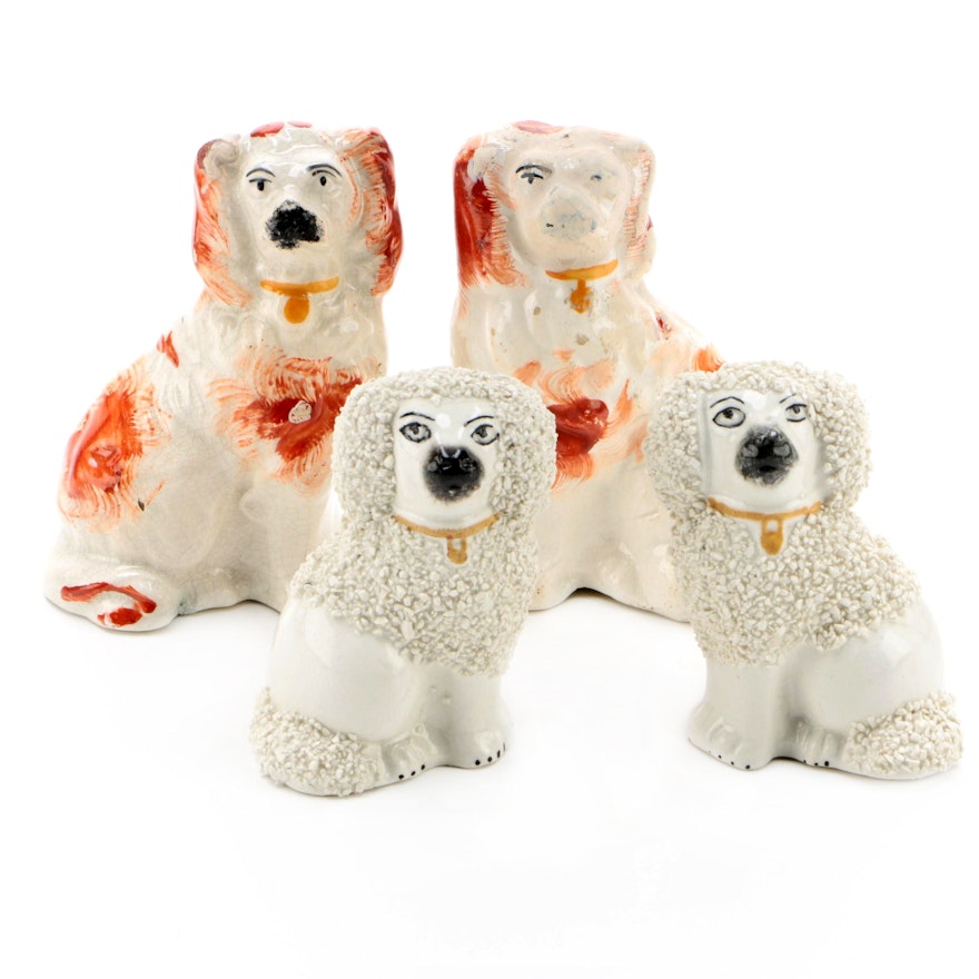 Staffordshire Comfort Spaniels and Poodle Figurines, Victorian and Vintage