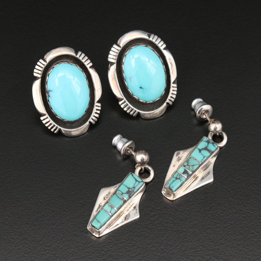 Leonard and Marian Nez Navajo Diné Sterling Turquoise Button and Drop Earrings