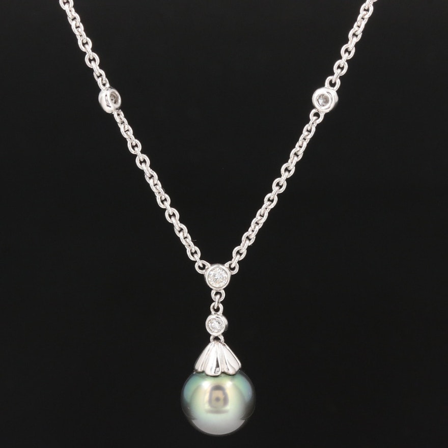 14K Gold Pearl and Diamond Station Necklace