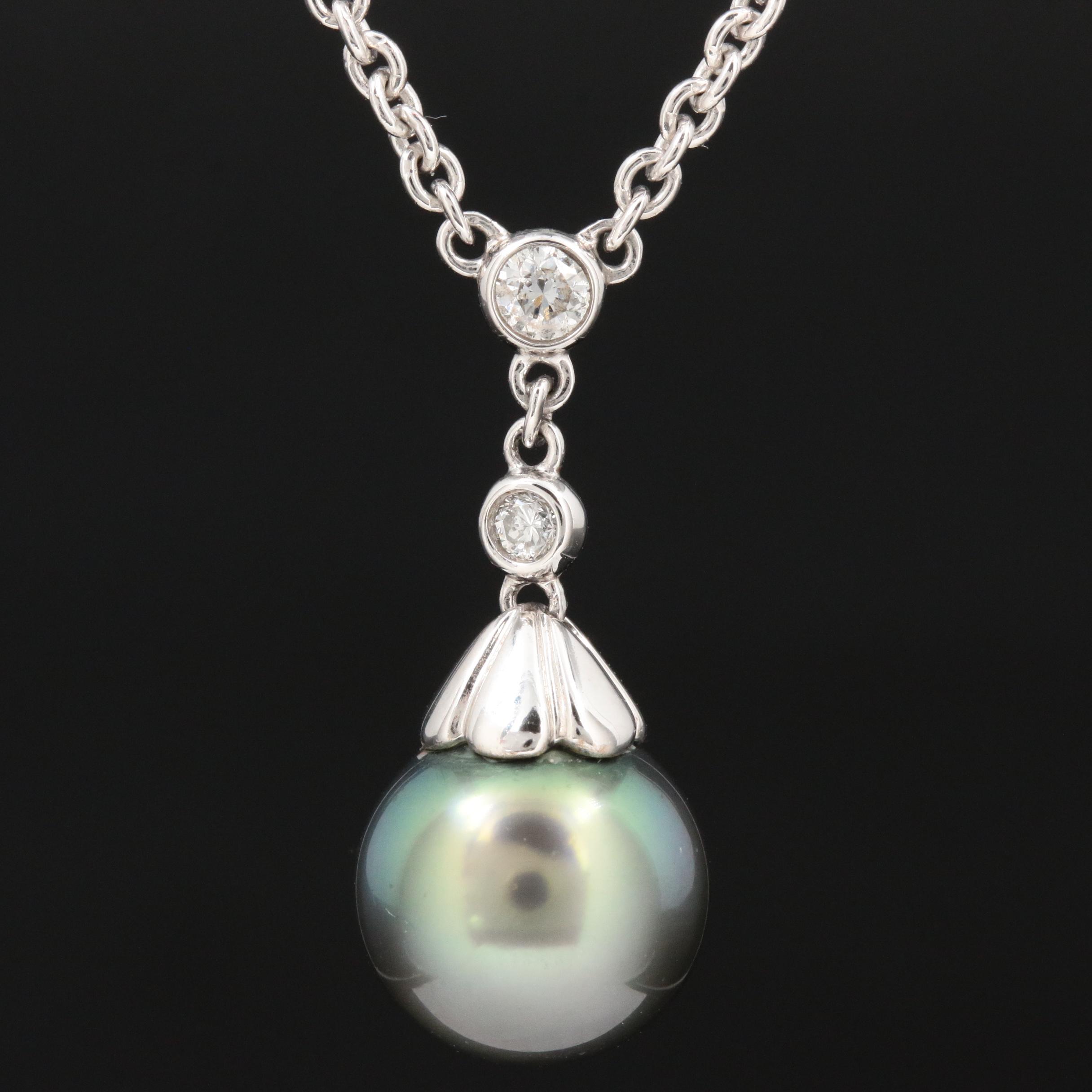 14K Gold Pearl and Diamond Station Necklace