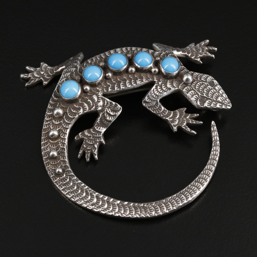 Lee Charley Navajo Diné Sterling Silver Turquoise Gecko Brooch