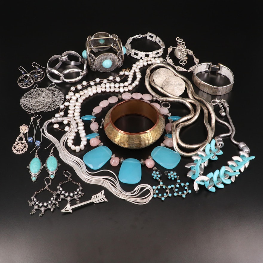 Assorted Jewelry with Rose Quartz, Pearl, Rhinestones and Imitation Turquoise