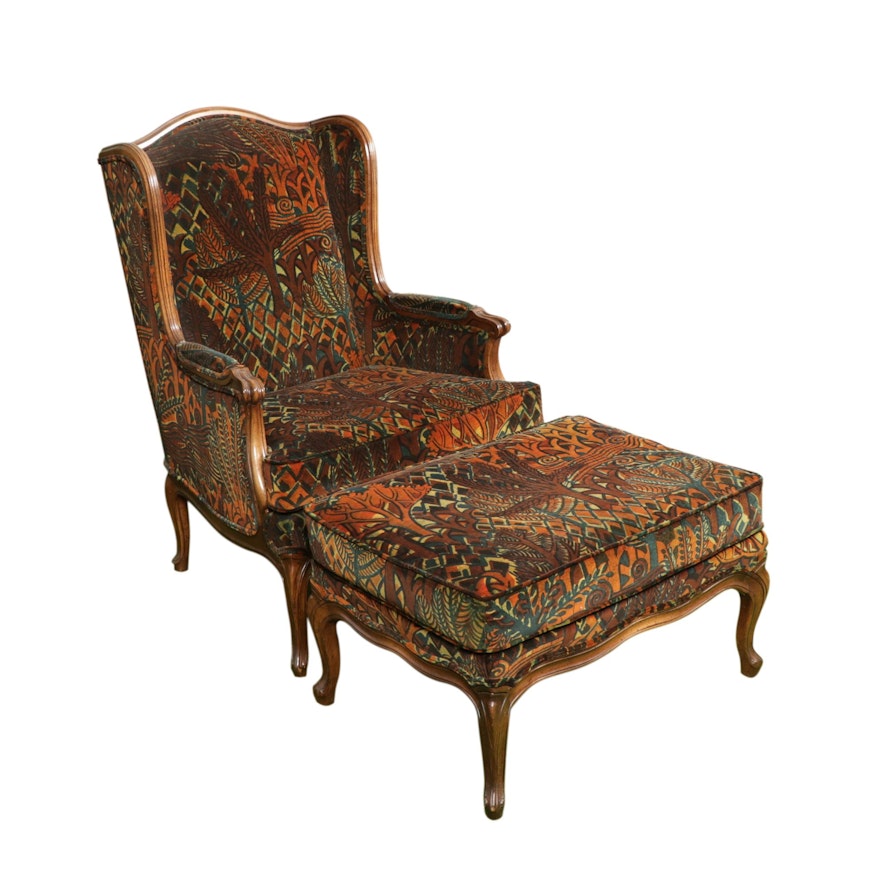 Hickory Chair Co. Louis XV-Style Wingback Armchair with Ottoman, Mid-20th C.