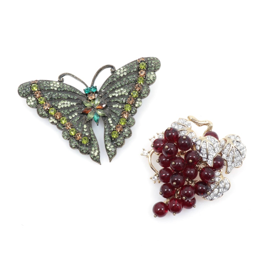 Joan Rivers Rhinestone Butterfly and Grape Brooches