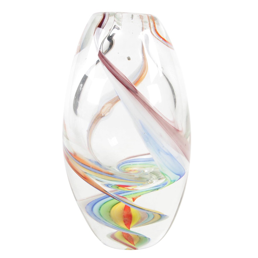 Murano Style Hand Blown Art Glass Vase with Rainbow Ribbons