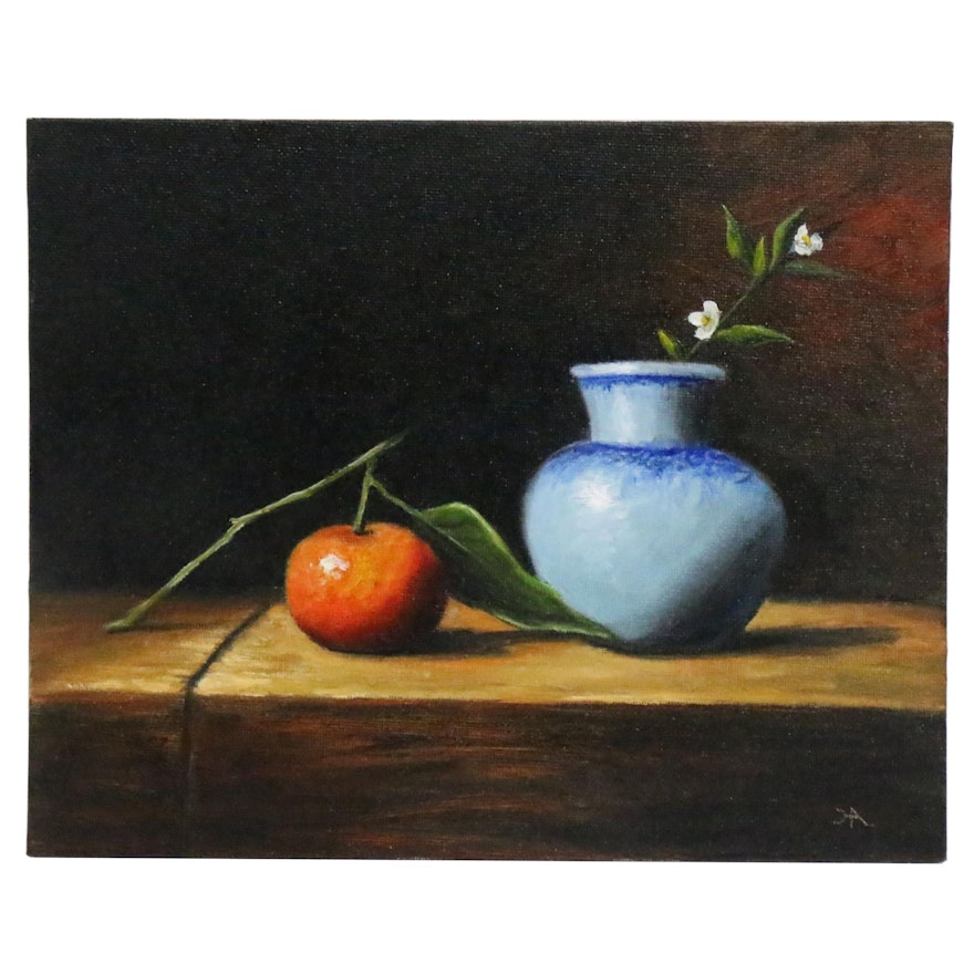 Houra H. Alghizzi Still Life Oil Painting "Tangerine and Blue Vase"