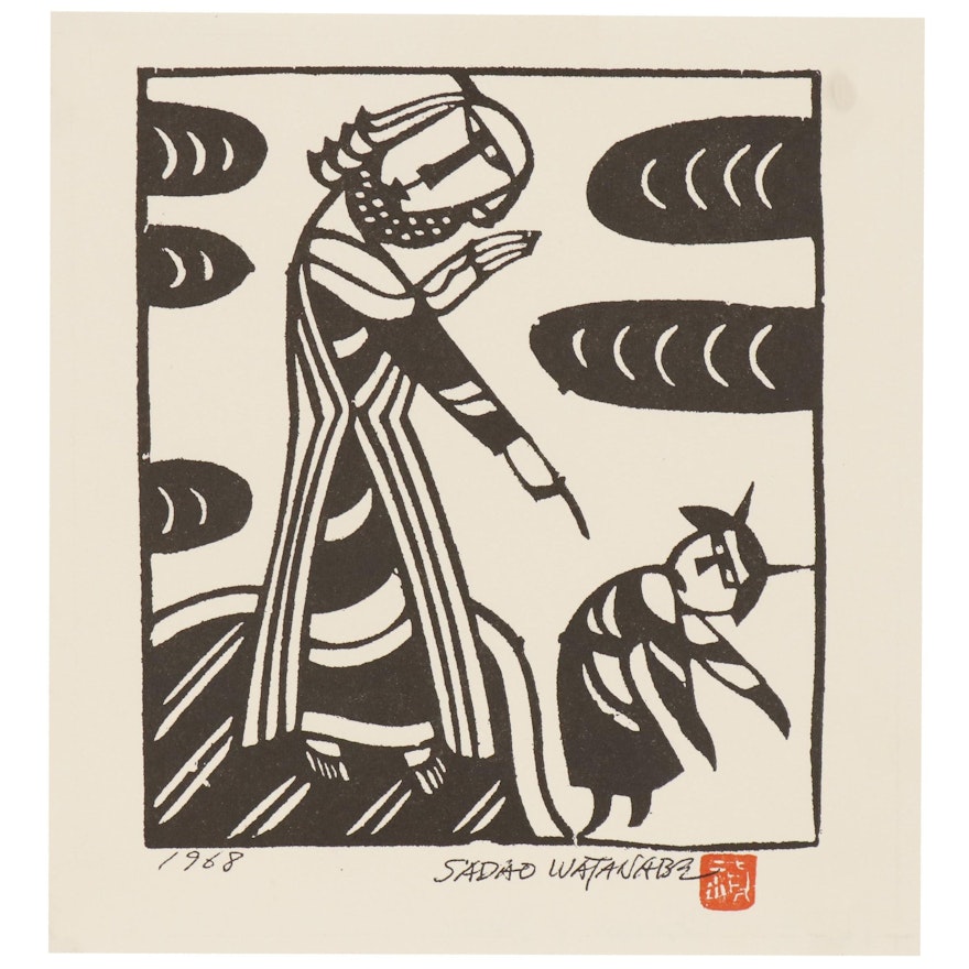 Woodblock after Sadao Watanabe "Christ and the Devil"