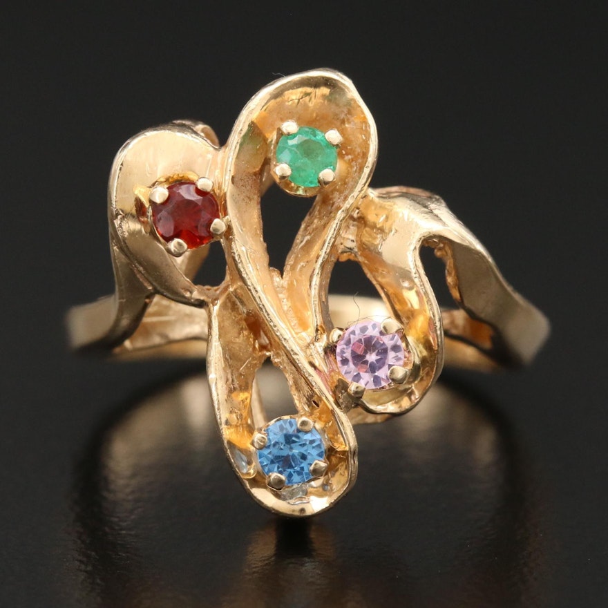 14K Yellow Gold Ring with Emerald, Citrine, Pink Sapphire and Blue Topaz