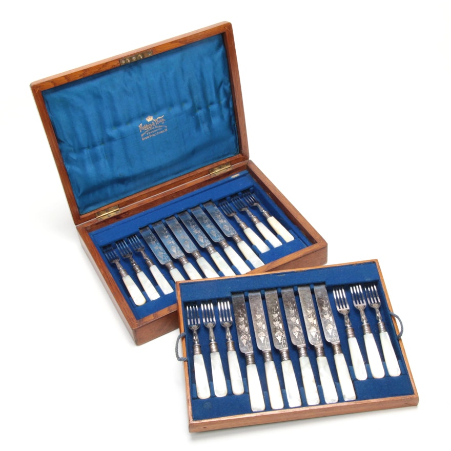 Mappin & Webb Silver Plate and Mother-of-Pearl Flatware with Chest
