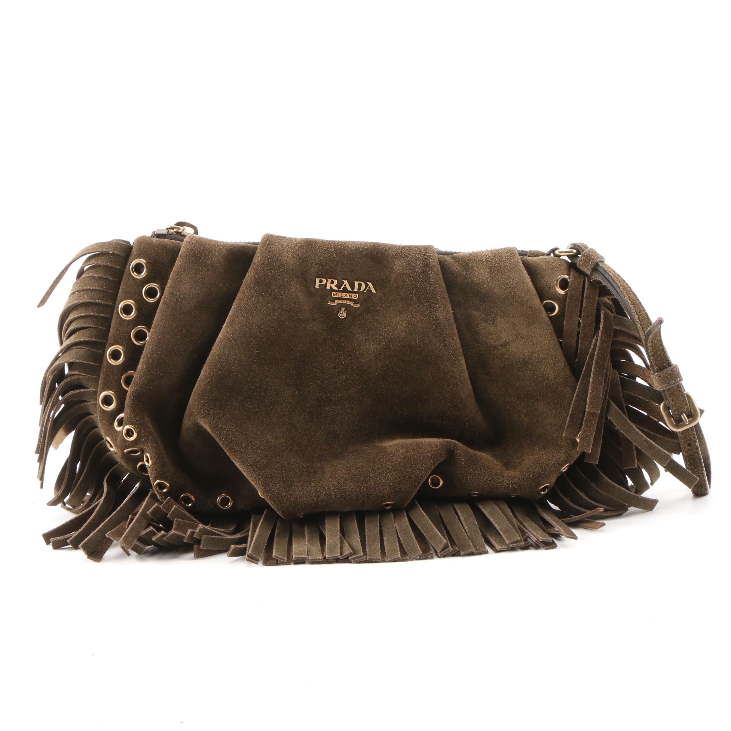 Prada Militare Suede Grommet and Fringe Clutch