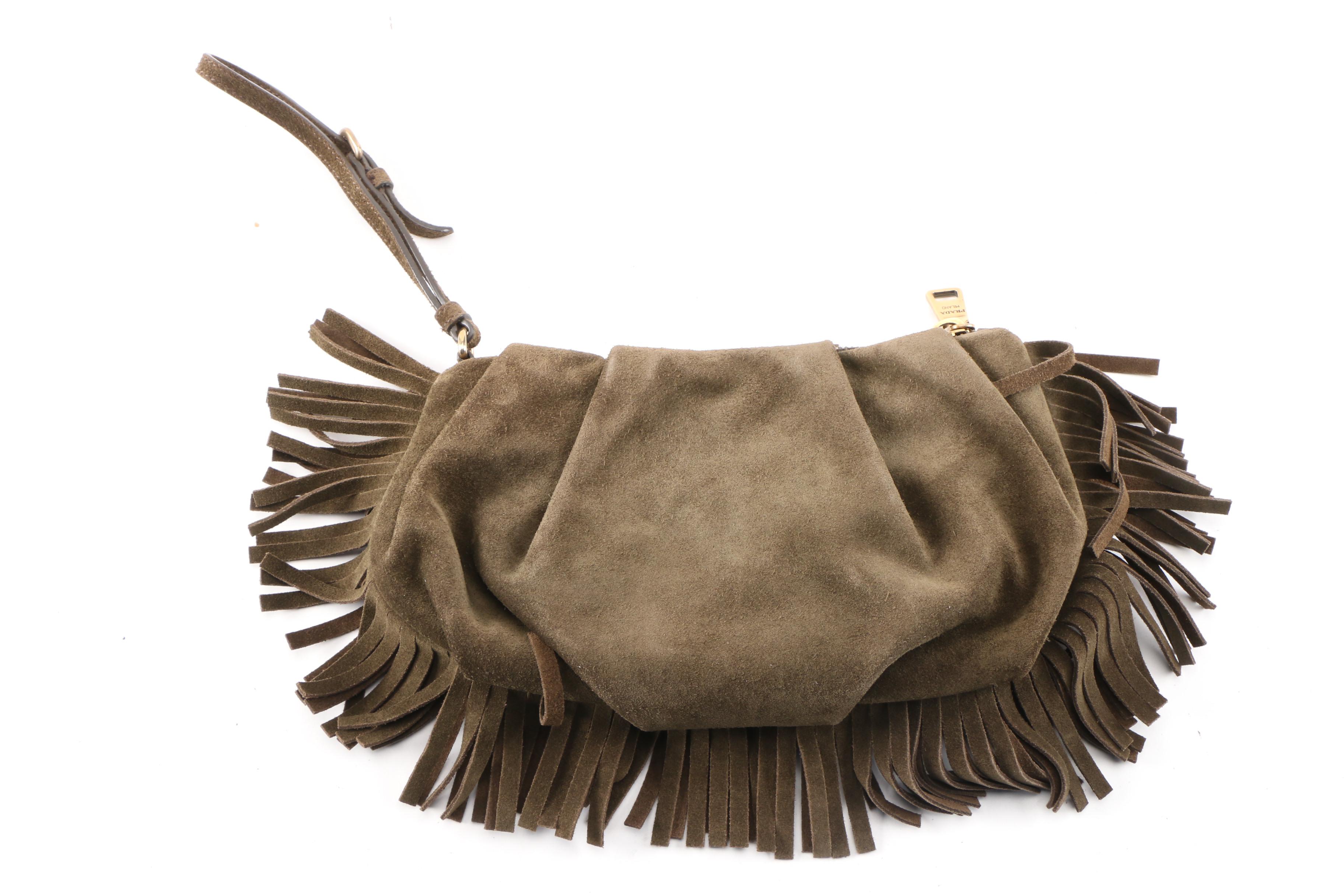 Prada Militare Suede Grommet and Fringe Clutch