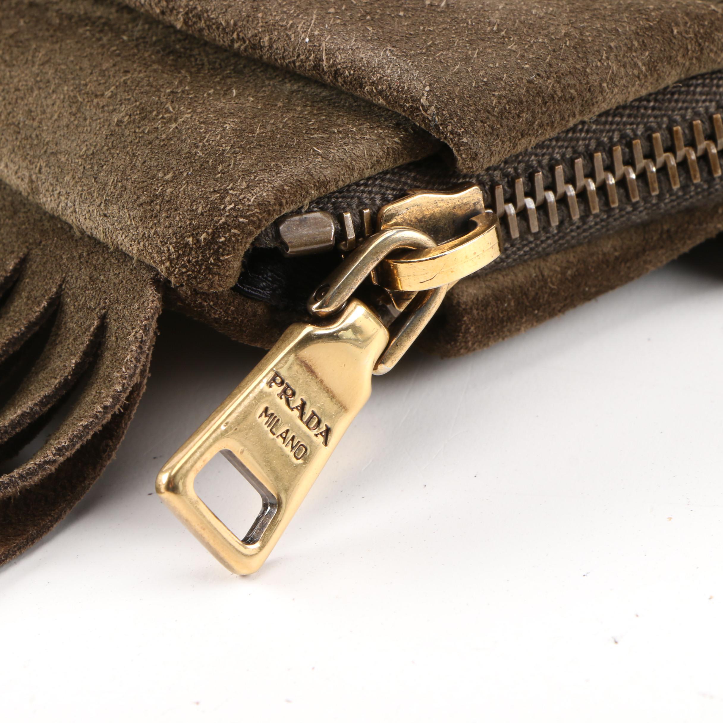 Prada Militare Suede Grommet and Fringe Clutch