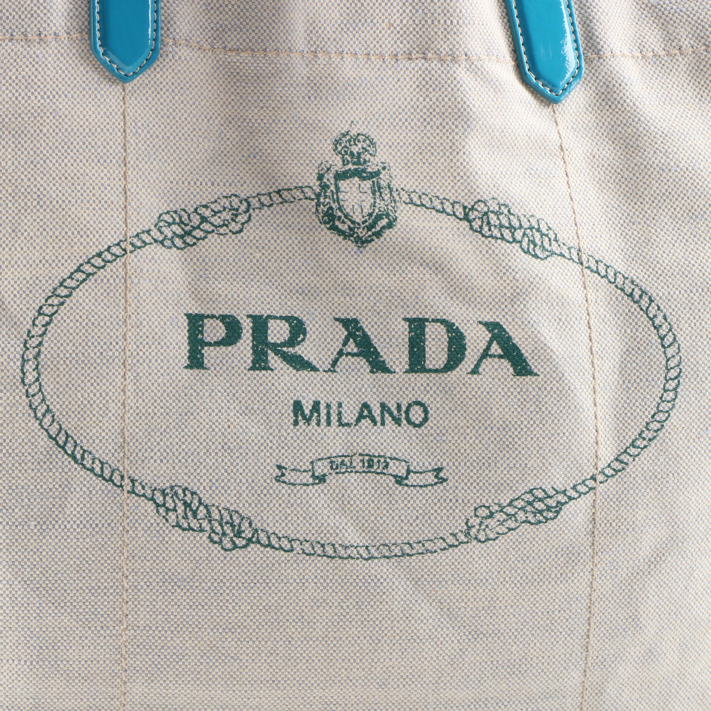 Prada Natural Canapa Canvas and Glazed Turquoise Leather Tote