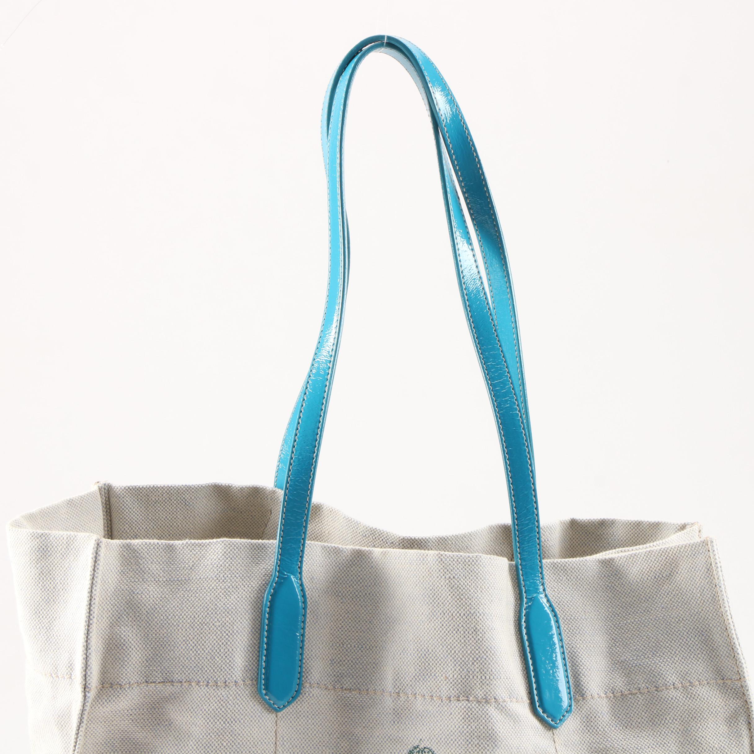 Prada Natural Canapa Canvas and Glazed Turquoise Leather Tote