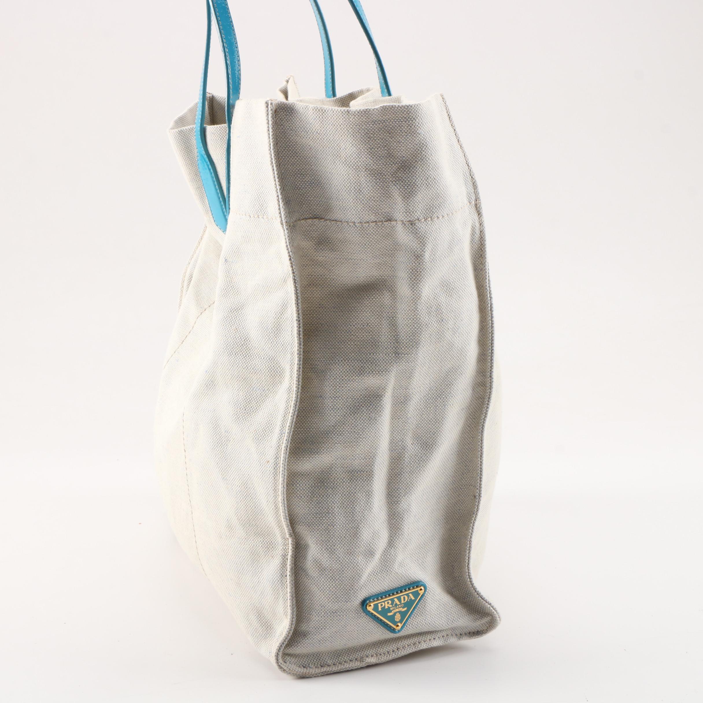 Prada Natural Canapa Canvas and Glazed Turquoise Leather Tote