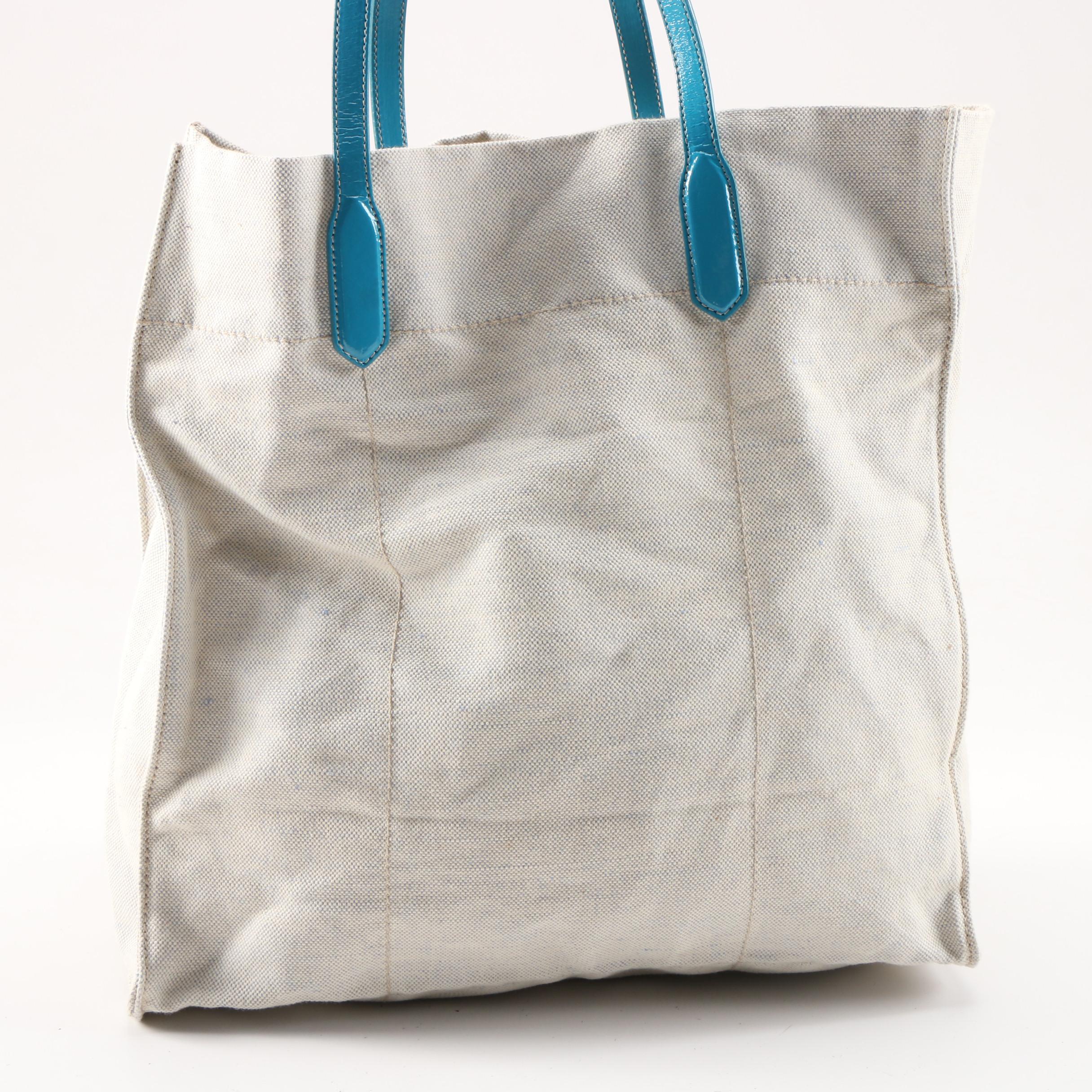 Prada Natural Canapa Canvas and Glazed Turquoise Leather Tote