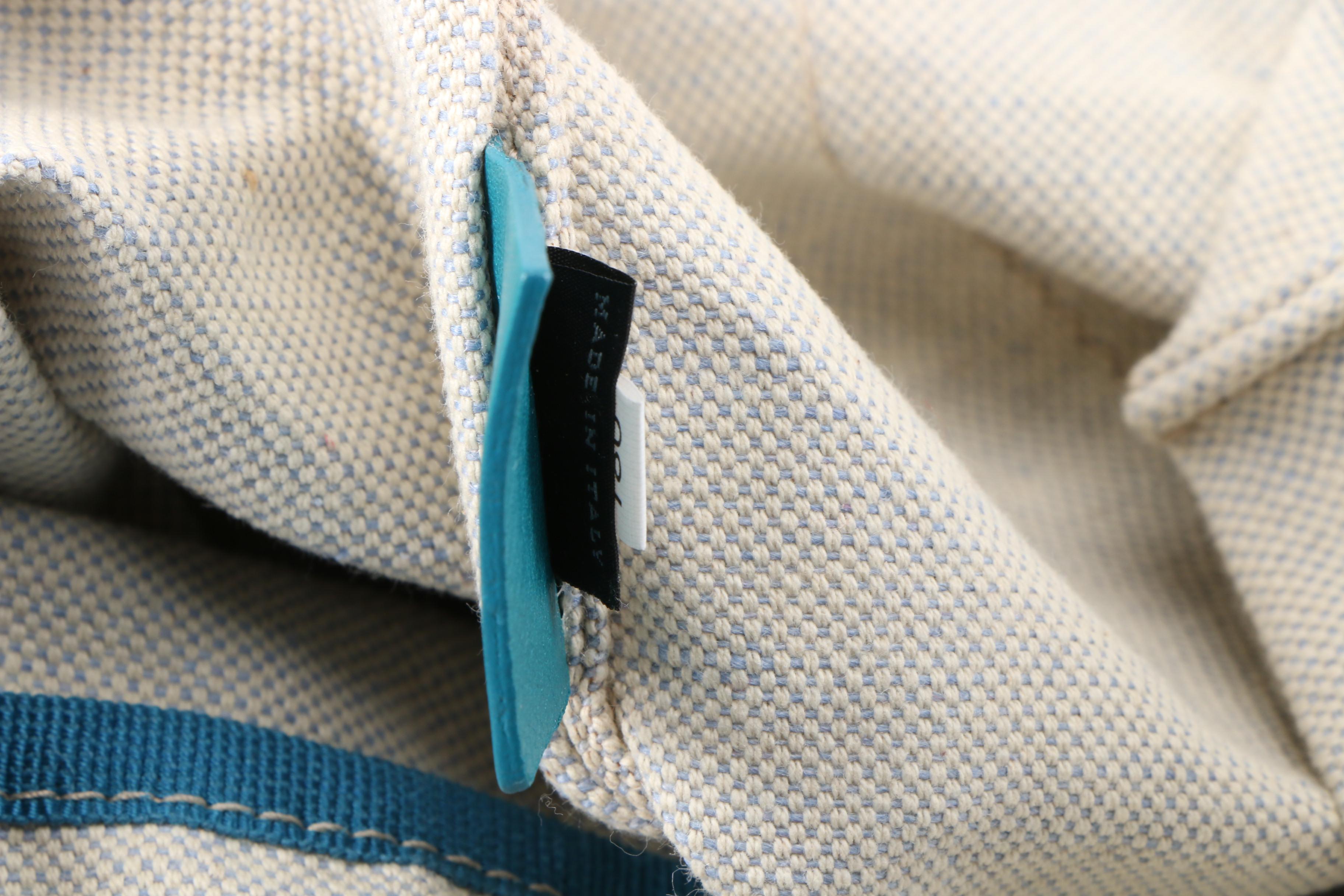 Prada Natural Canapa Canvas and Glazed Turquoise Leather Tote