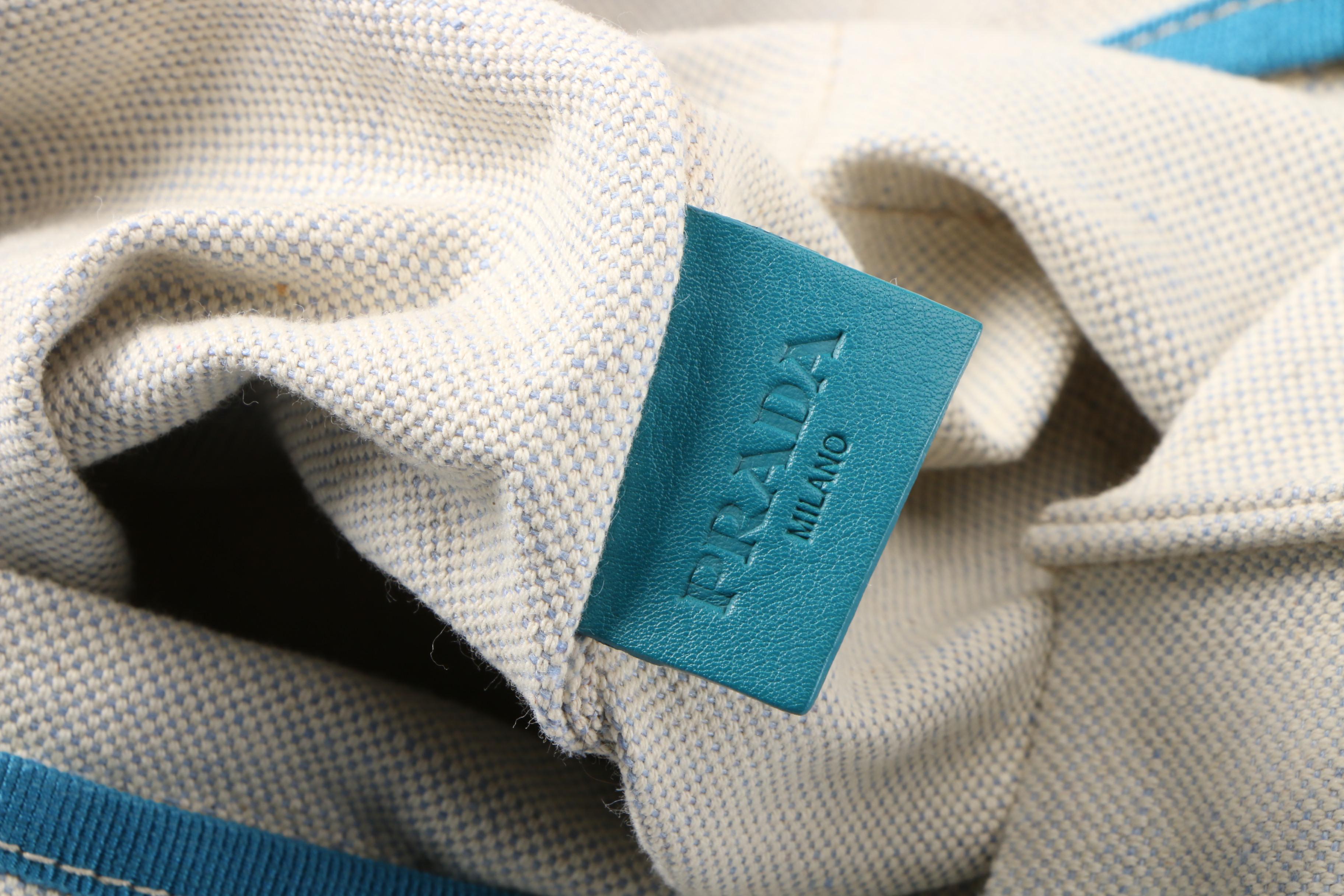 Prada Natural Canapa Canvas and Glazed Turquoise Leather Tote