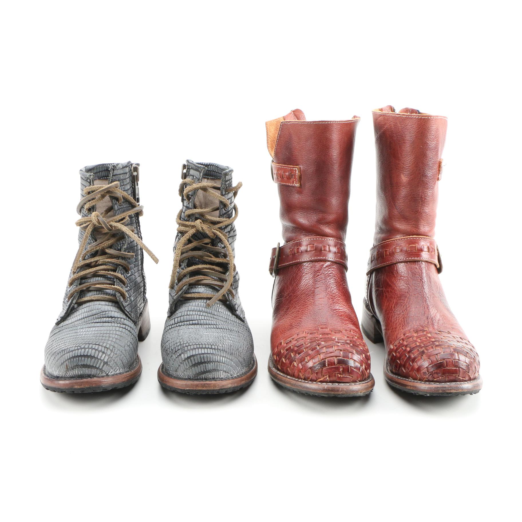 BED|STÜ and Freebird Basket Weave and Embossed Leather Boots