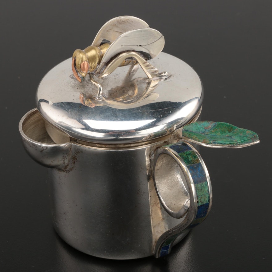 Los Castillo Mexican Silver Tone Honey Pot with Inlaid Stone Handles