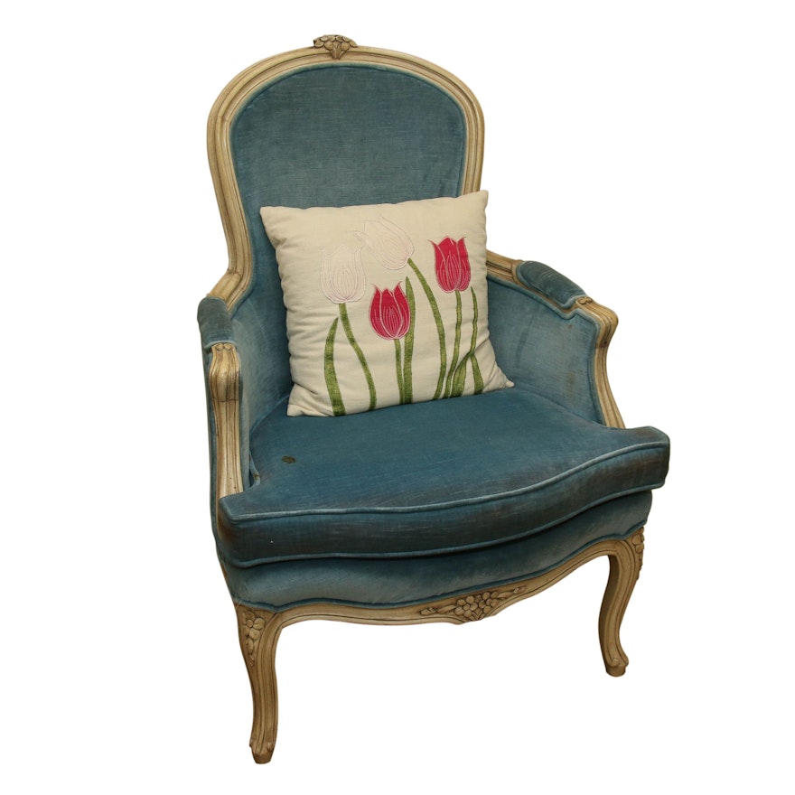 French Provencal Style Armchair in Carved Frame with Velvet Upholstery
