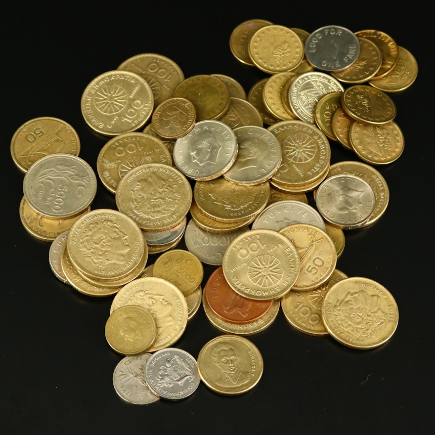 Assortment of Sixty Foreign Coins and Tokens