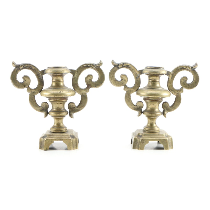Pair of Brass Candlesticks with Foliate Handles