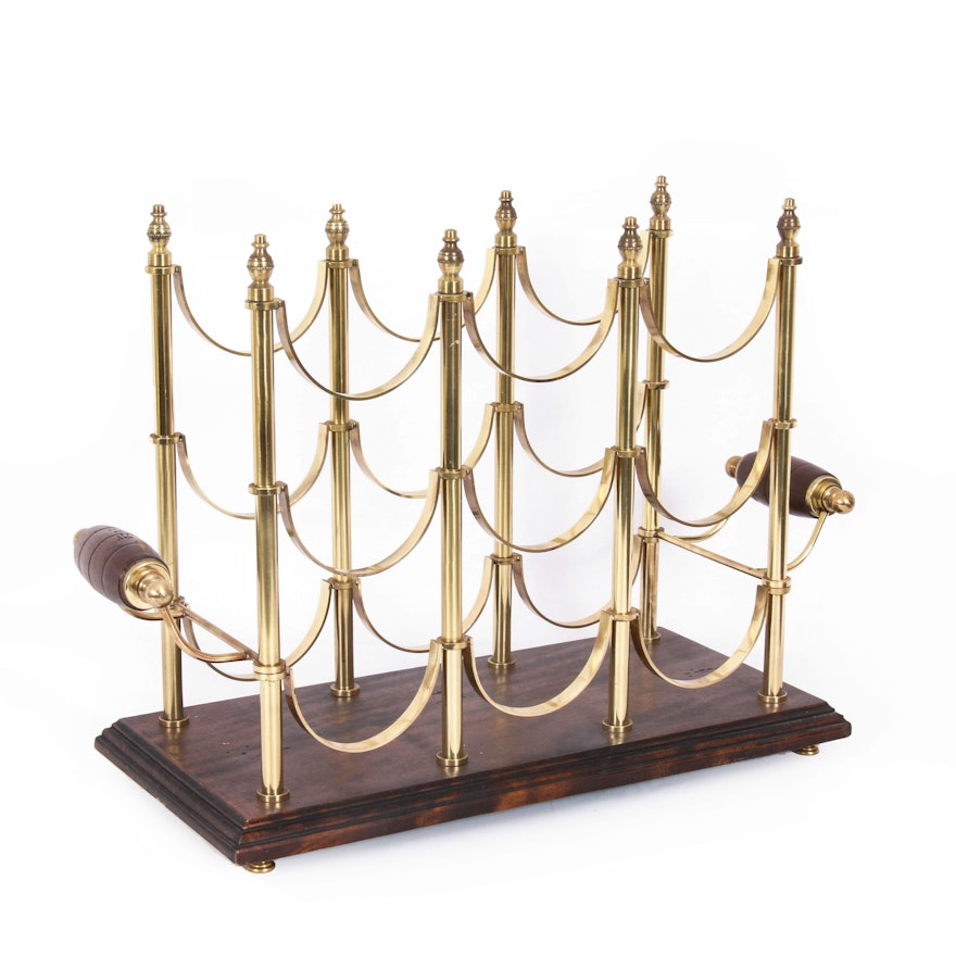 Italian Brass and Wood Free-Standing Wine Rack