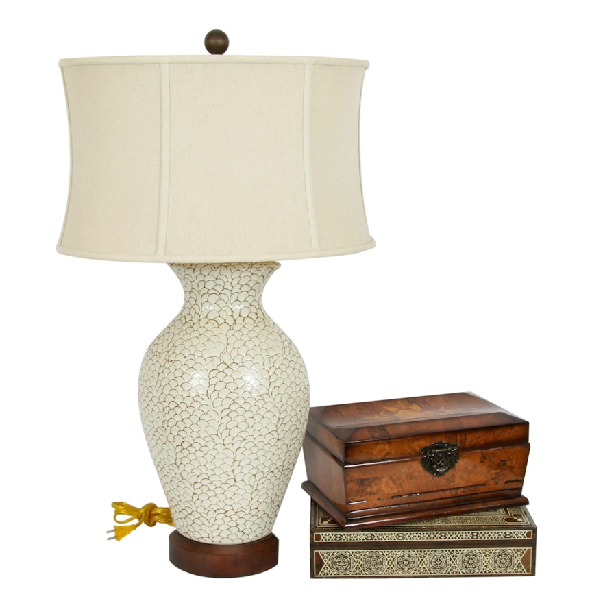 Wooden Storage Boxes with Burl Wood Finish and Mosaic Inlay and Table Lamp