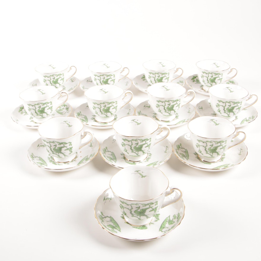 Royal Chelsea "Evergreen" Bone China Cups and Saucers for Twelve, Mid-20th C.