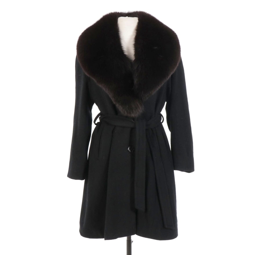 Black Wool Coat with Tie Belt and Panos Fox Fur Shawl Collar