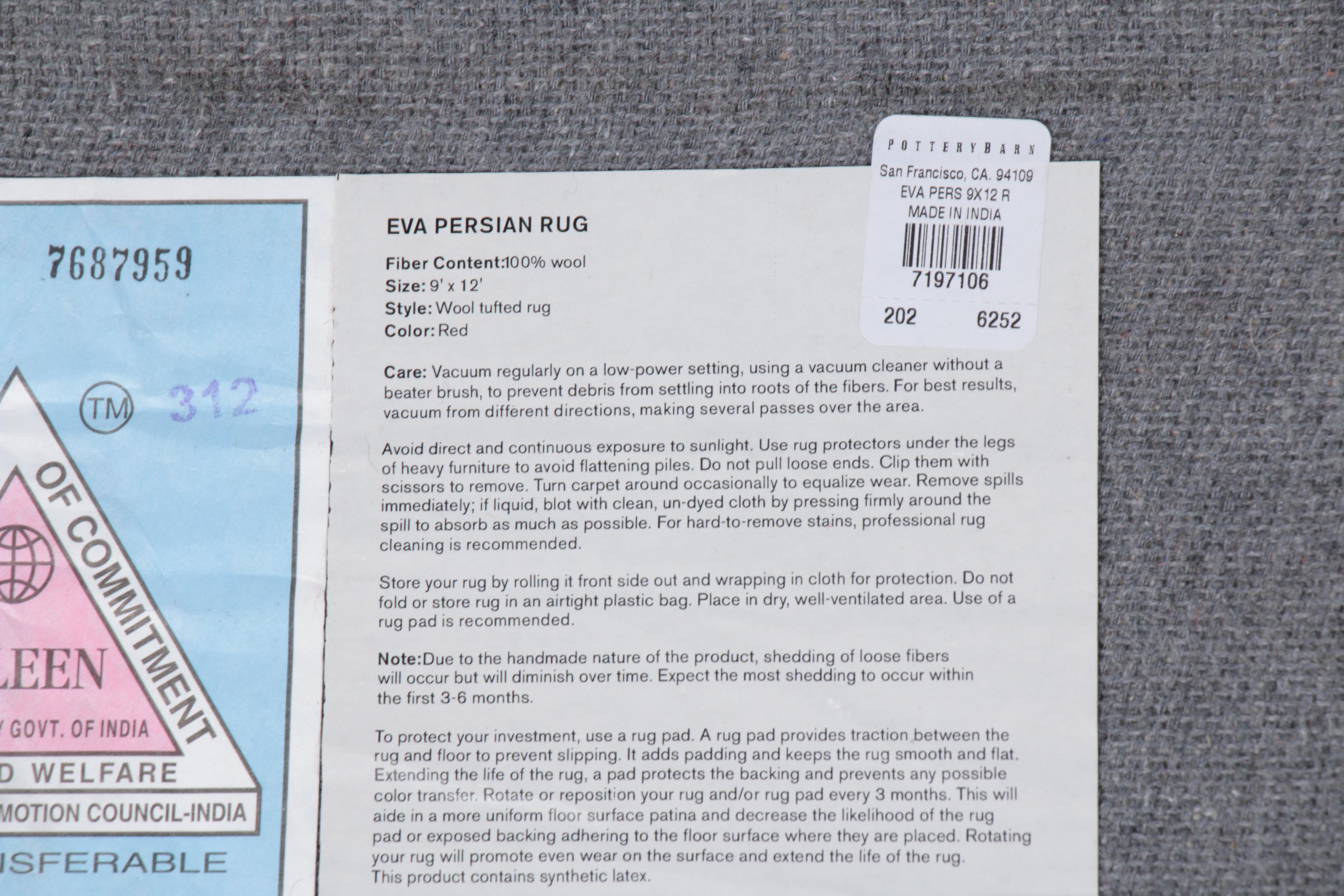 9' x 12' Pottery Barn Woolmark Hand-Tufted Wool Indo-Persian "Eva" Rug