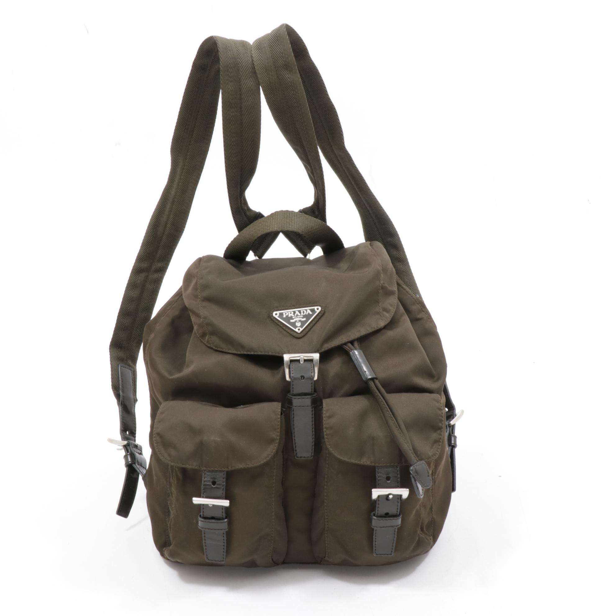 Prada Olive Green Tessuto Nylon and Leather Mini Backpack Purse