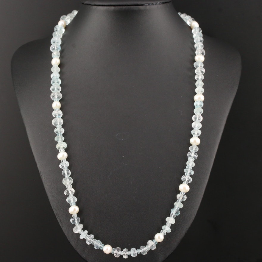 Aquamarine and Pearl Strand Necklace with Sterling Silver Clasp