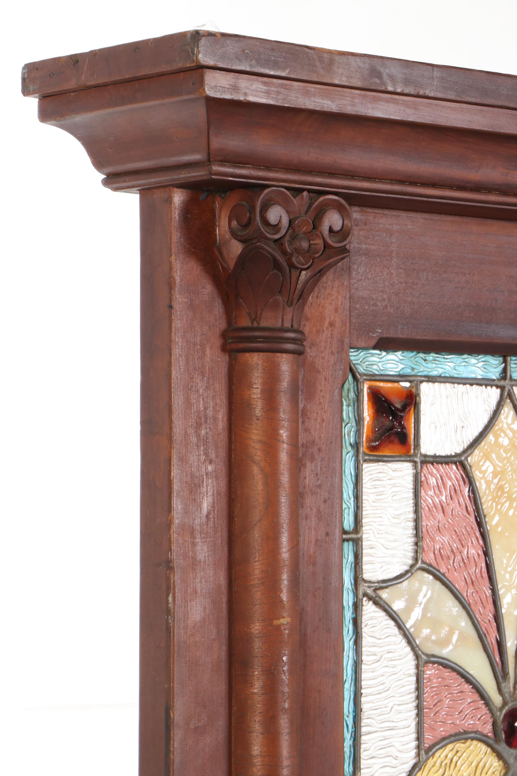 Victorian Mirrored and Stained Glass Walnut Room Divider, Late 19th Century