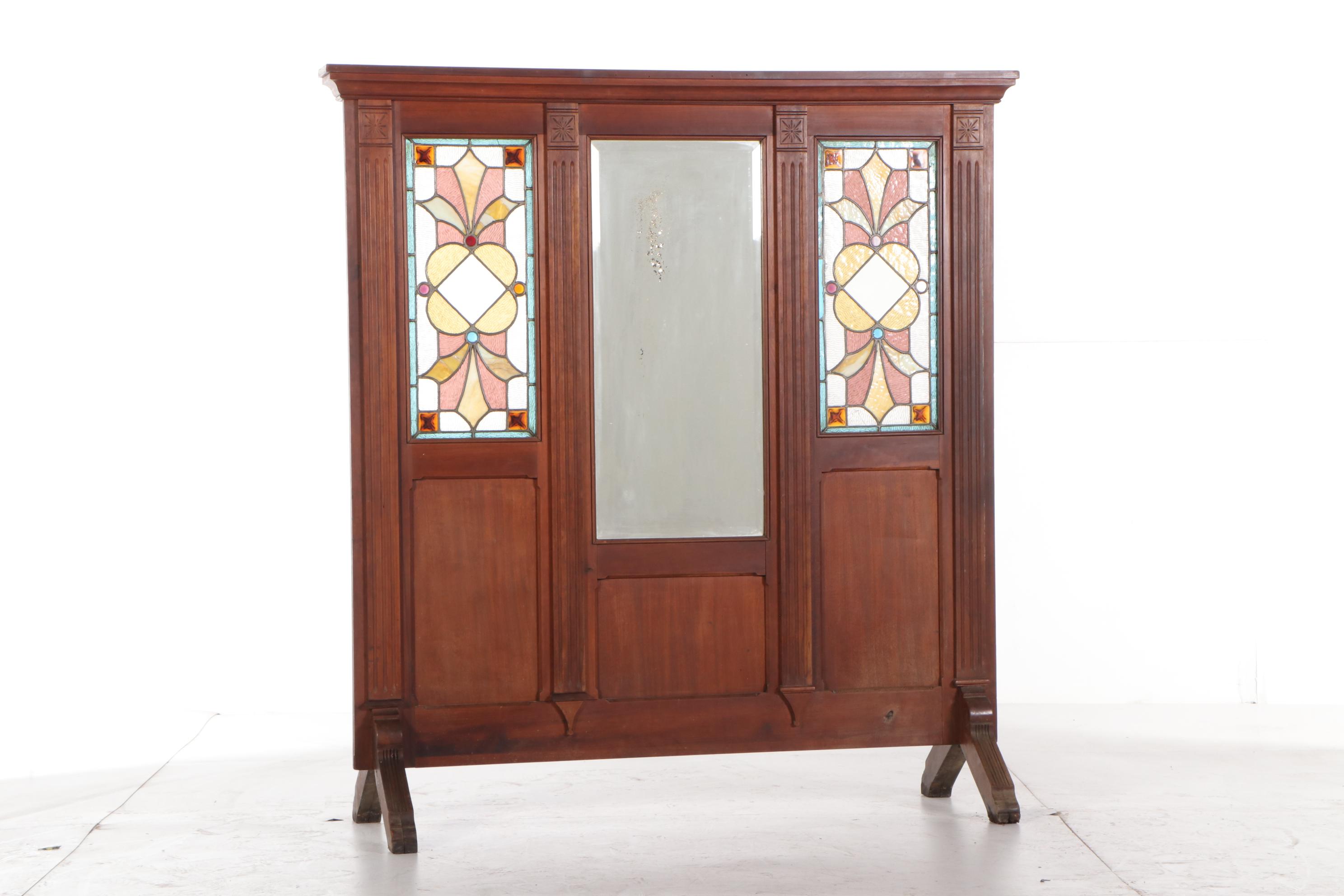 Victorian Mirrored and Stained Glass Walnut Room Divider, Late 19th Century