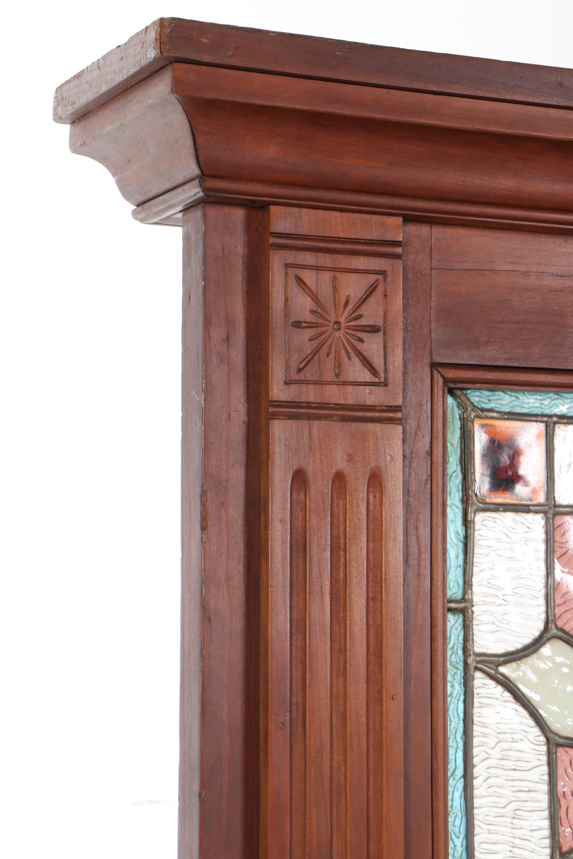 Victorian Mirrored and Stained Glass Walnut Room Divider, Late 19th Century