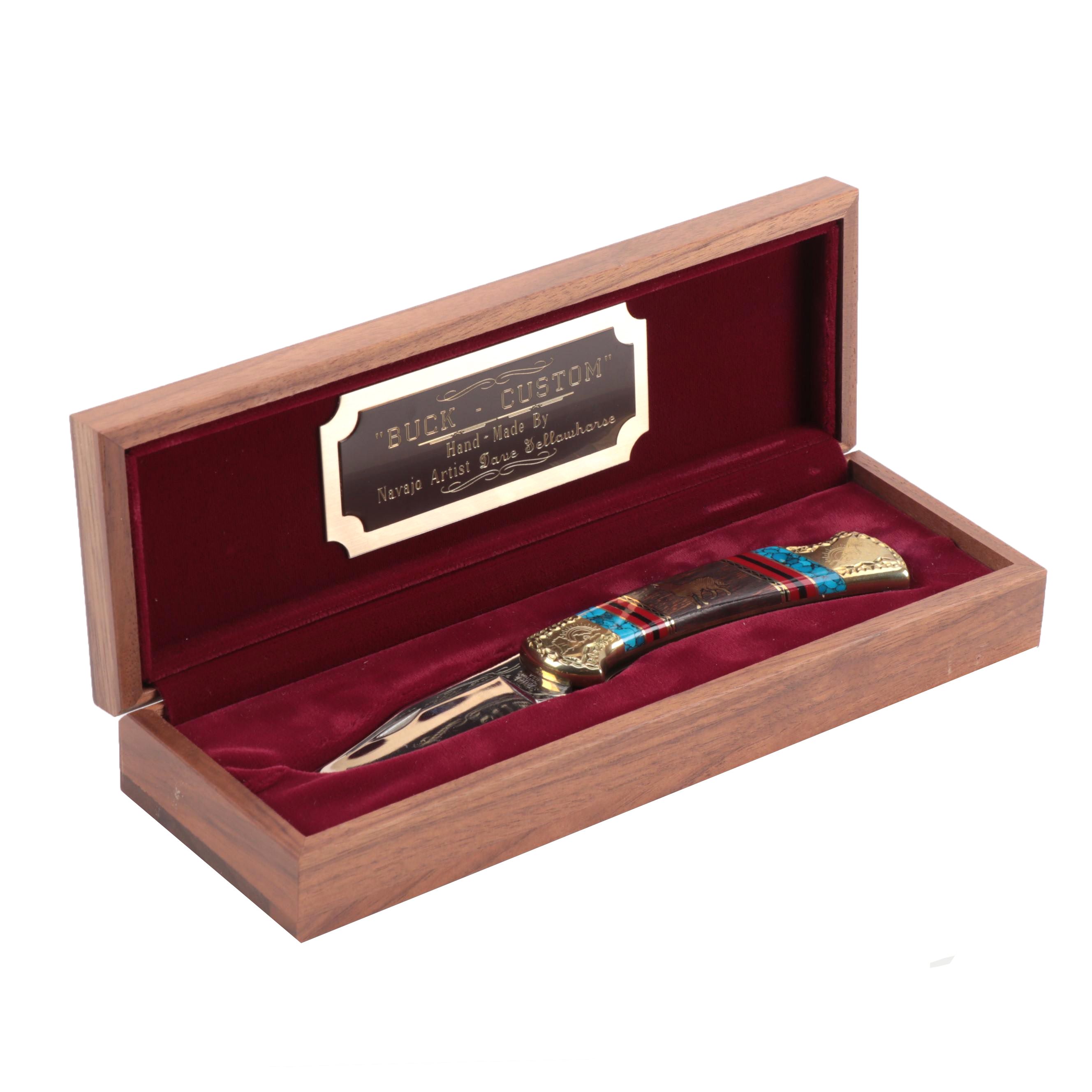 Buck Custom Handmade Turquoise Knife by Navajo Artist Dave Yellowhorse with Case
