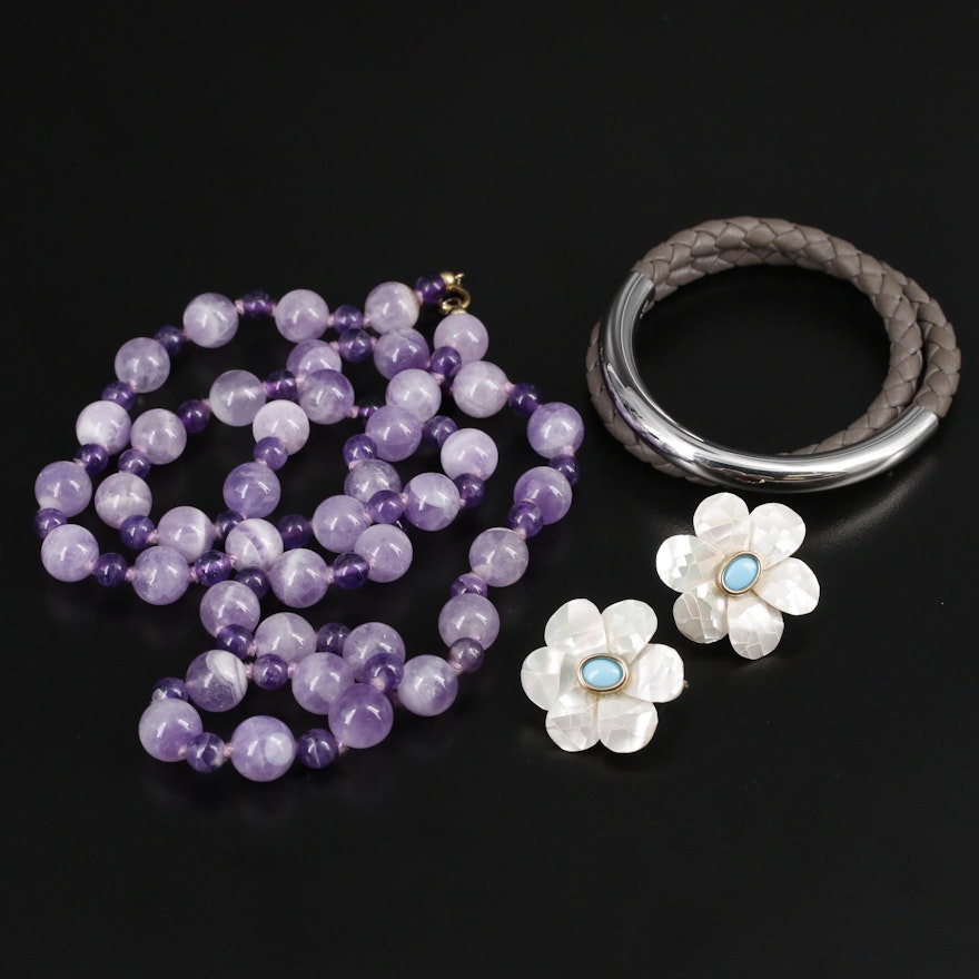 Amethyst Necklace, Mother of Pearl Earrings and Christofle Duo Complice Bracelet