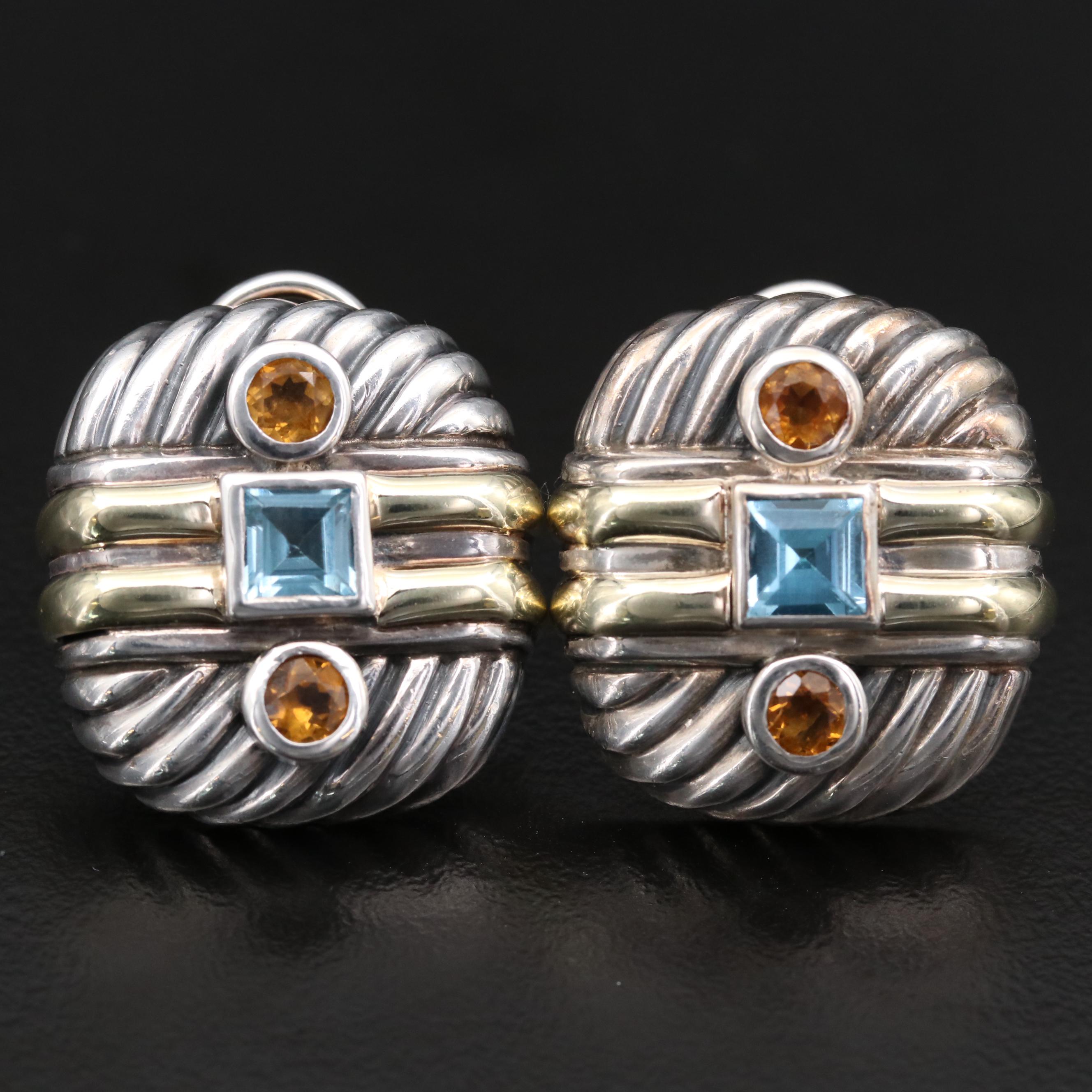David Yurman Sterling Blue Topaz and Citrine Earrings with 14K Gold Accents