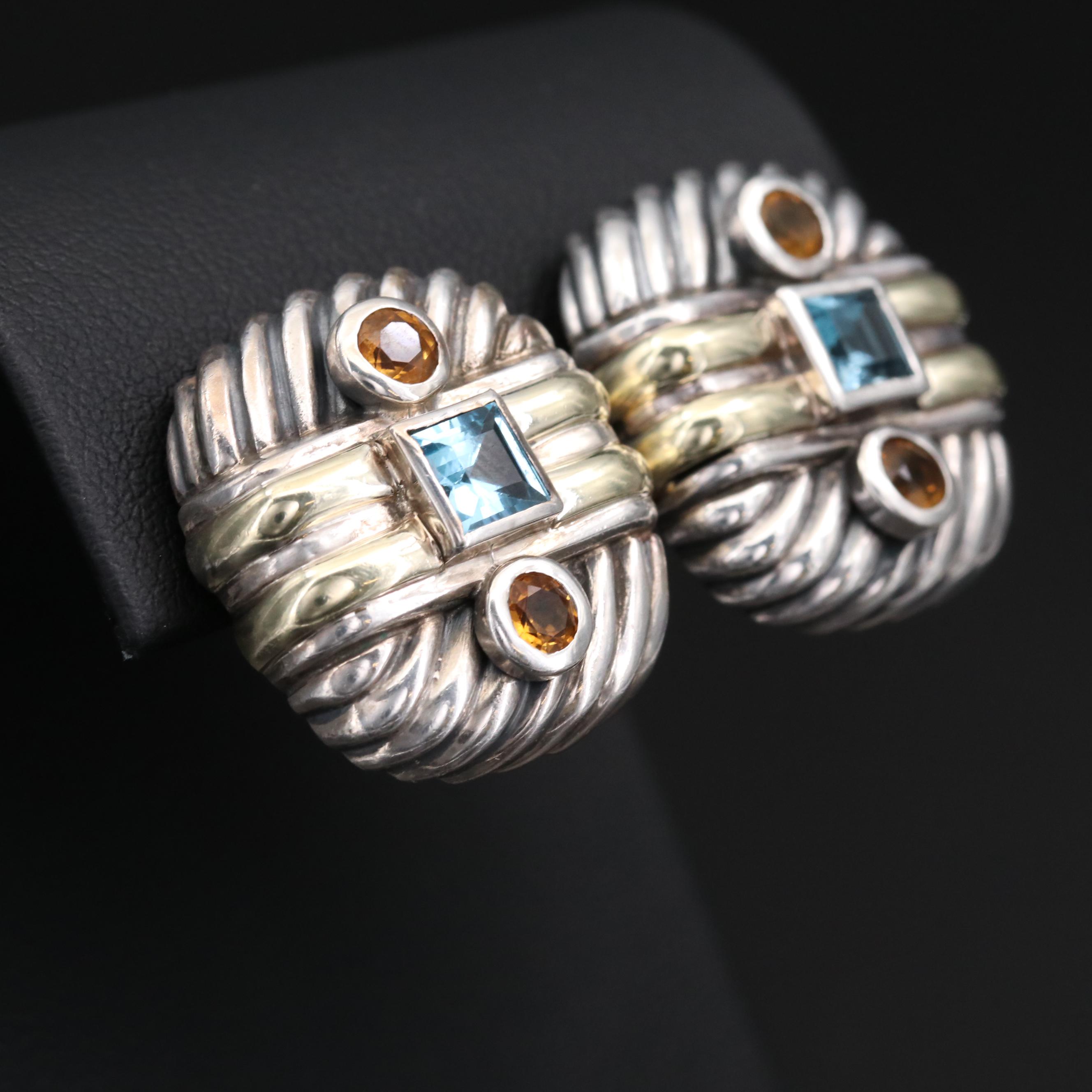 David Yurman Sterling Blue Topaz and Citrine Earrings with 14K Gold Accents