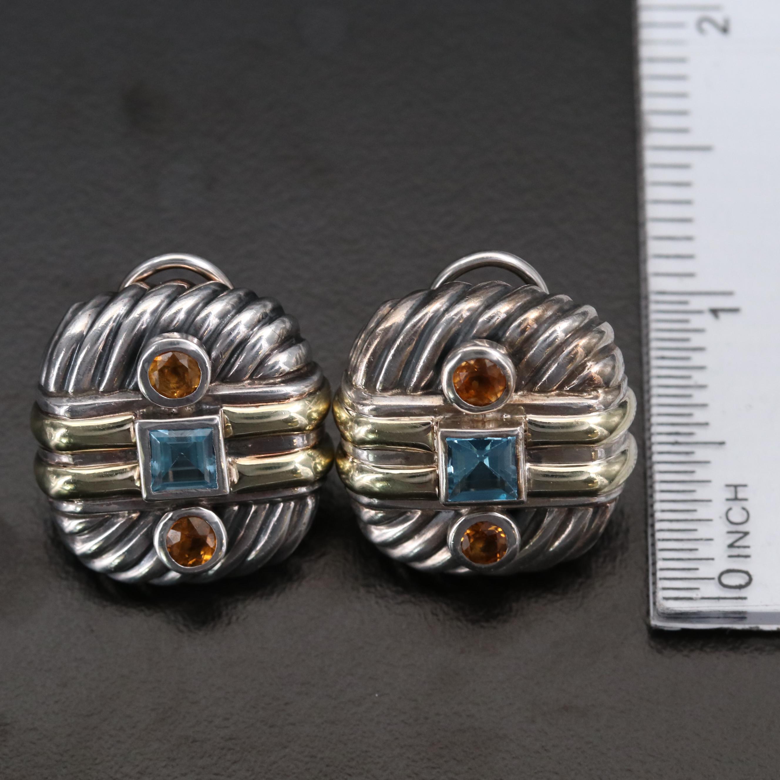 David Yurman Sterling Blue Topaz and Citrine Earrings with 14K Gold Accents