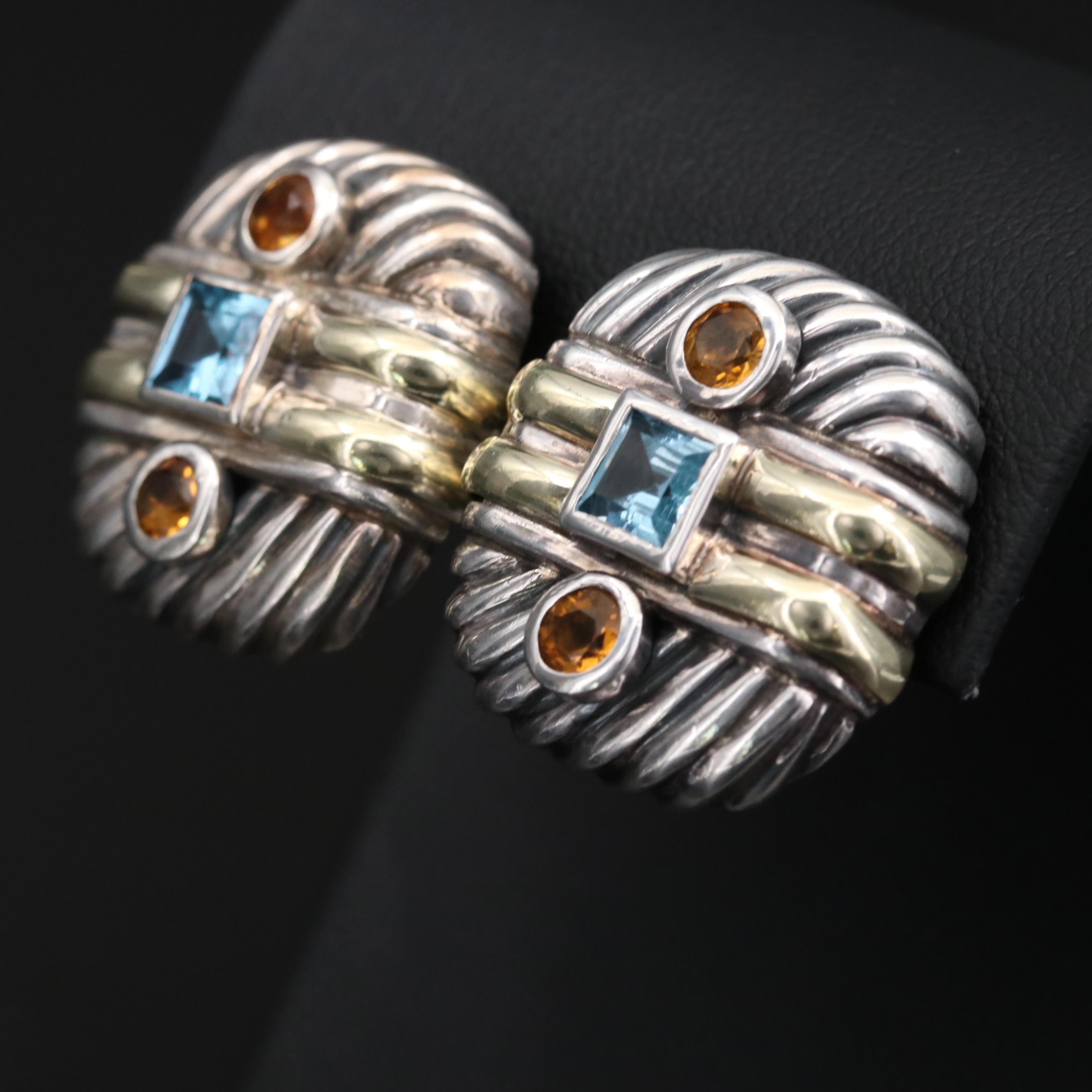 David Yurman Sterling Blue Topaz and Citrine Earrings with 14K Gold Accents