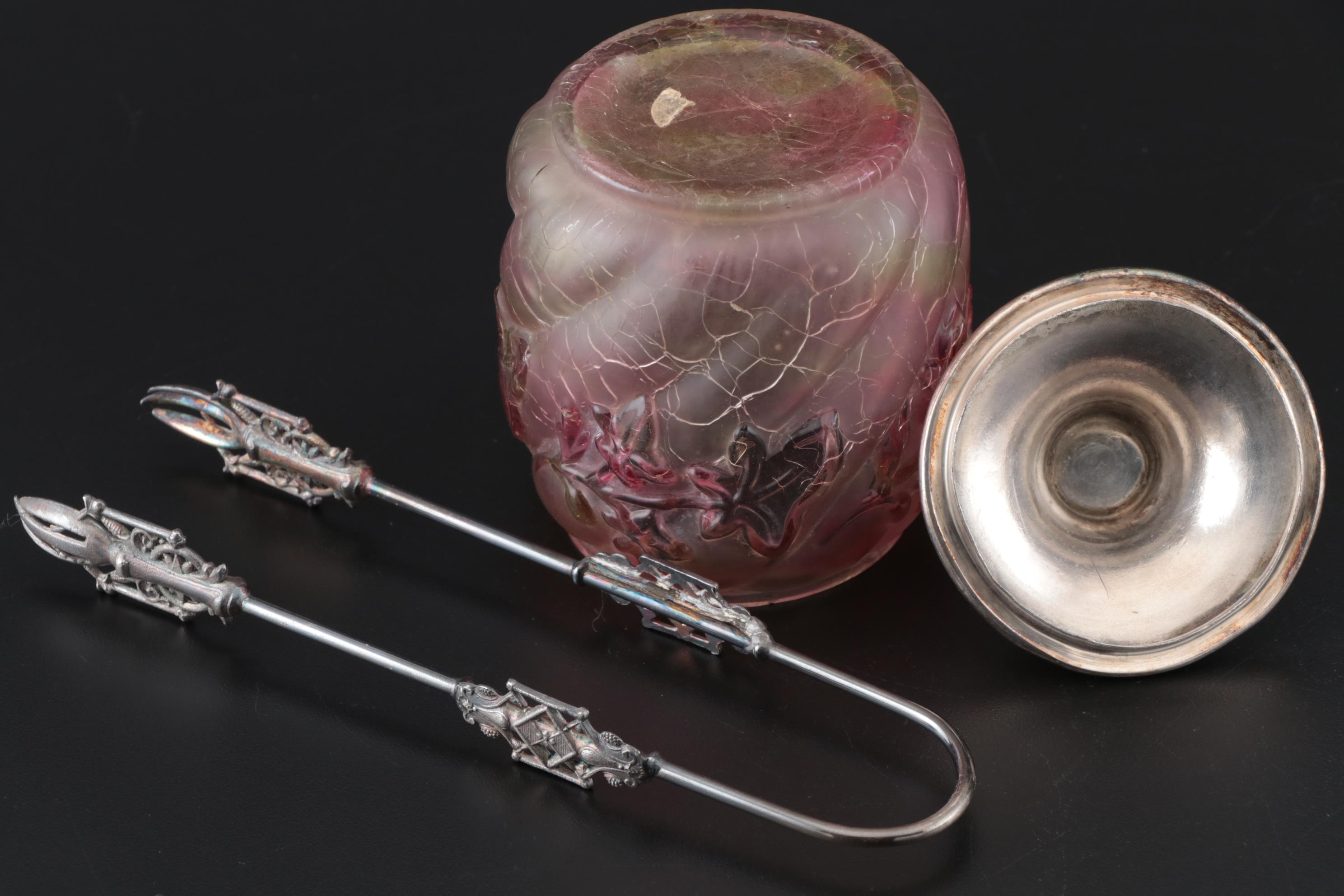 Meriden Britannia Co. Silver Plate Pickle Castor with Northwood "Royal Ivy" Jar