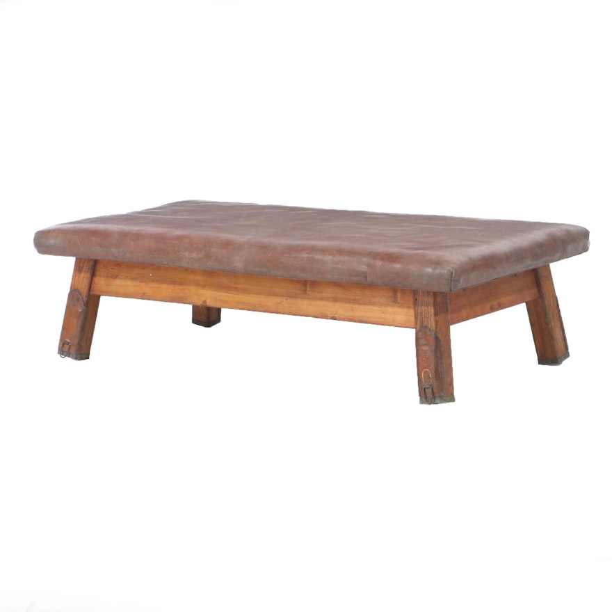 Oak, Pine, and Brown Leather Gymnastics Bench, circa 1930